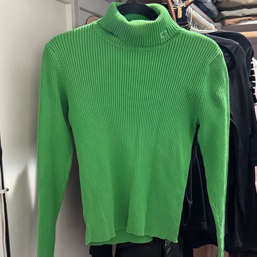 RALPH LAUREN TURTLE NECK Green Ribbed Sweater